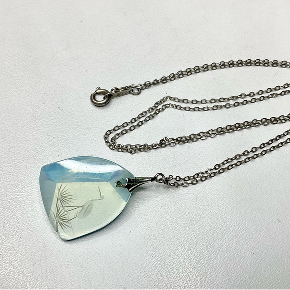 Art Deco Sterling Opaline Glass Necklace Japanese Carved Crane - Picture 3 of 11